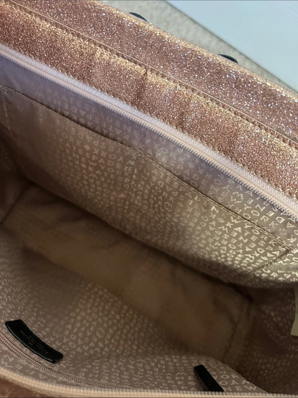 Kate Spade Rose Gold Glitter Tote with Black Bow and Black Handles